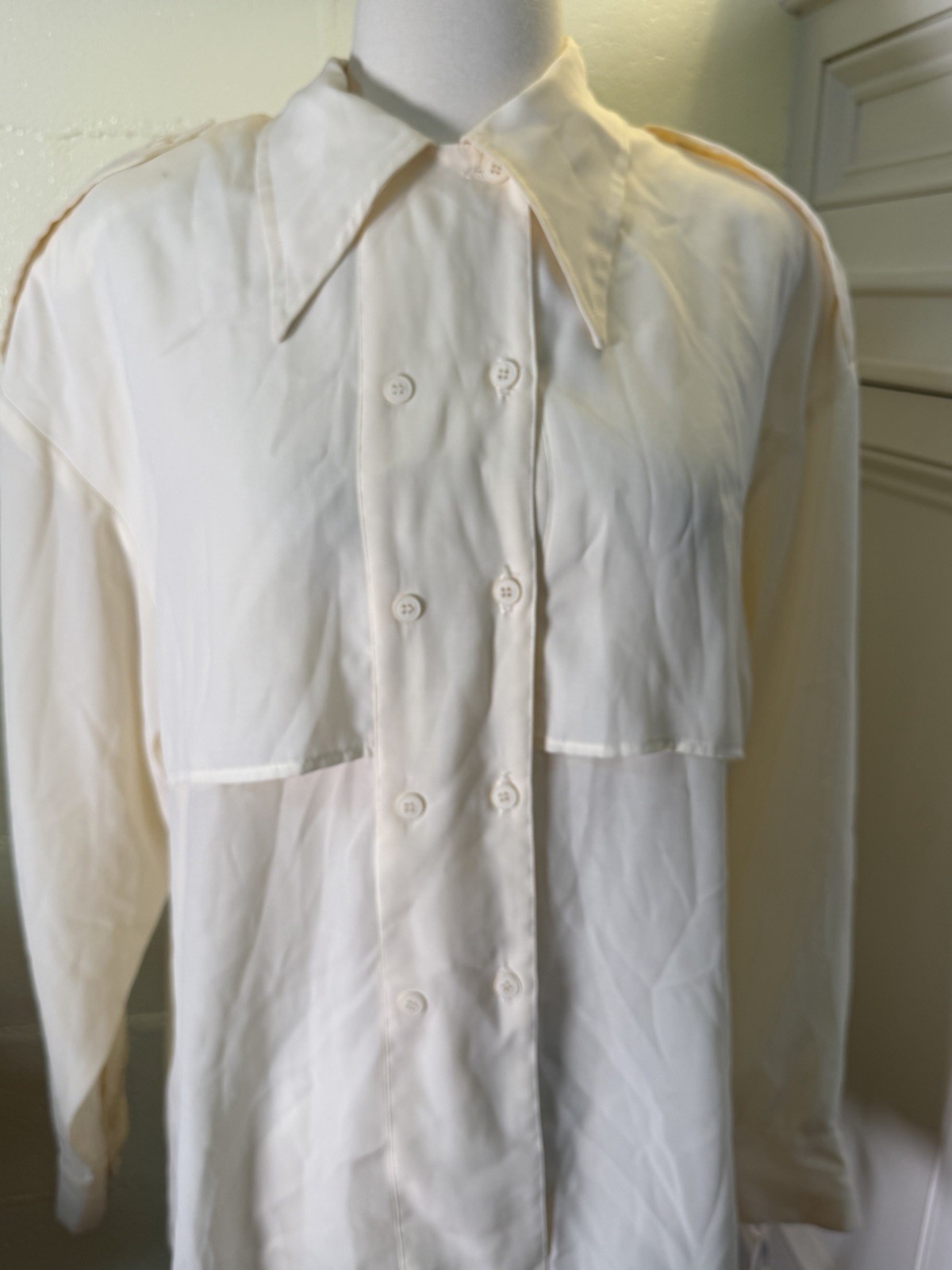 Helen Fabrikant Blouse NOS Size 16 Ivory Secretary Shirt Double Breasted USA 80s
