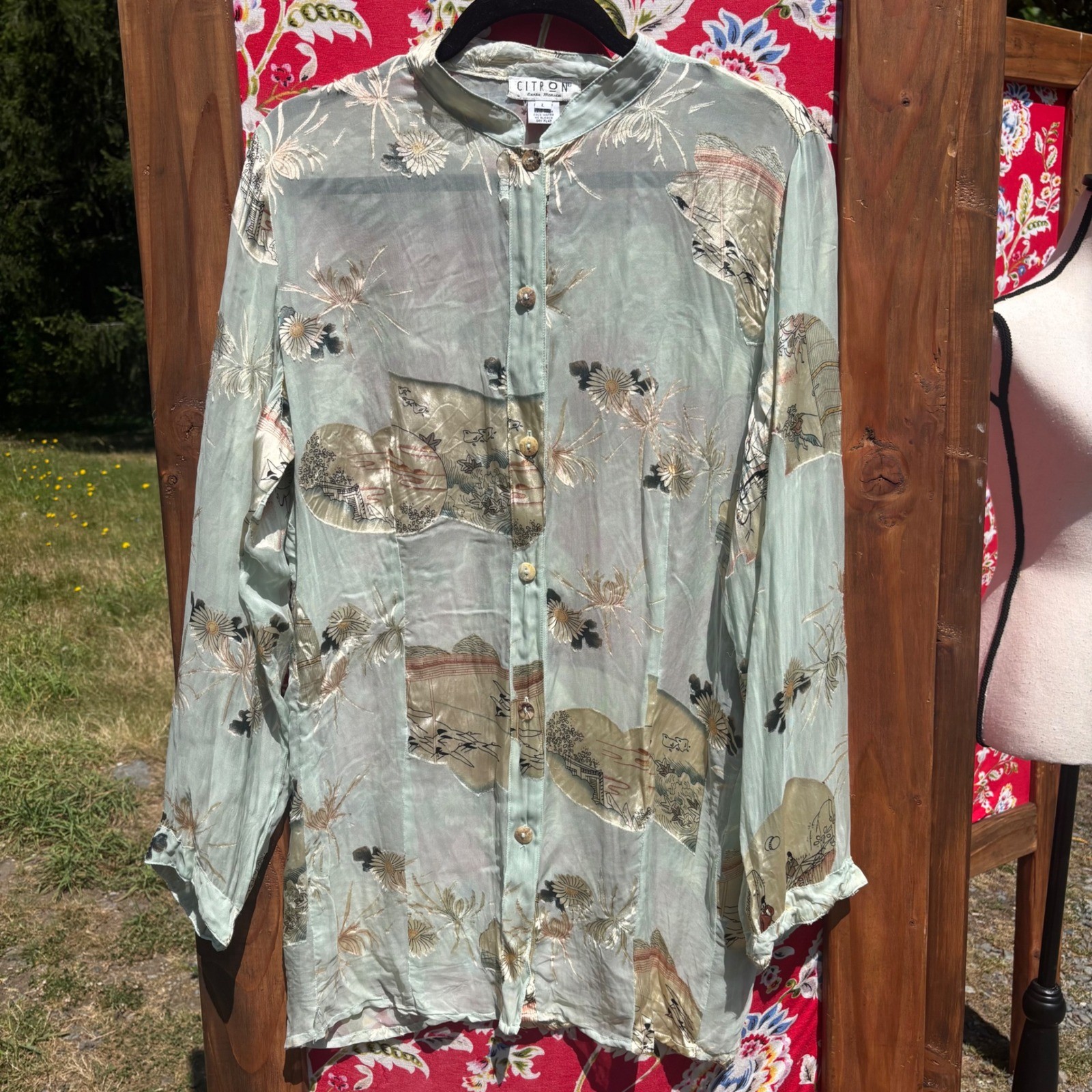 Vintage Semi Sheer Beachy Coastal Button Front Boho Blouse Size L