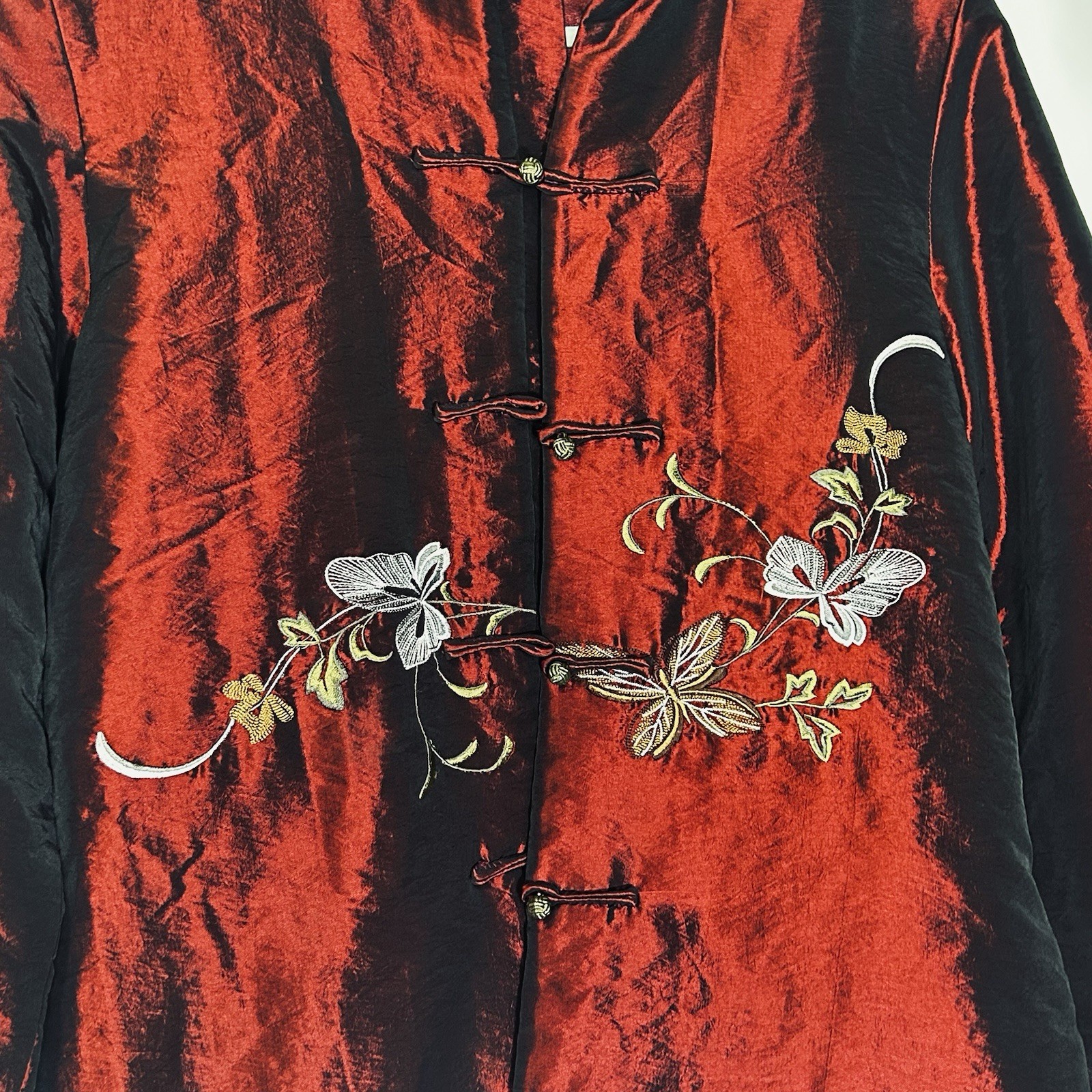 Vintage Silk Iridescent Mygaman Chinese Tang Suit Jacket M Burgundy Frog Closure