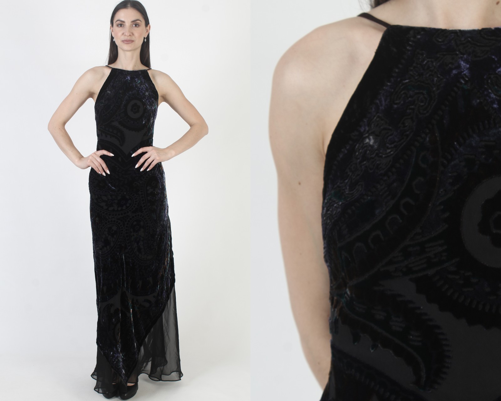 Vtg Black Velvet Burnout Dress Gypsy Y2K 90s Evening Silk Slip Maxi Prom Gown