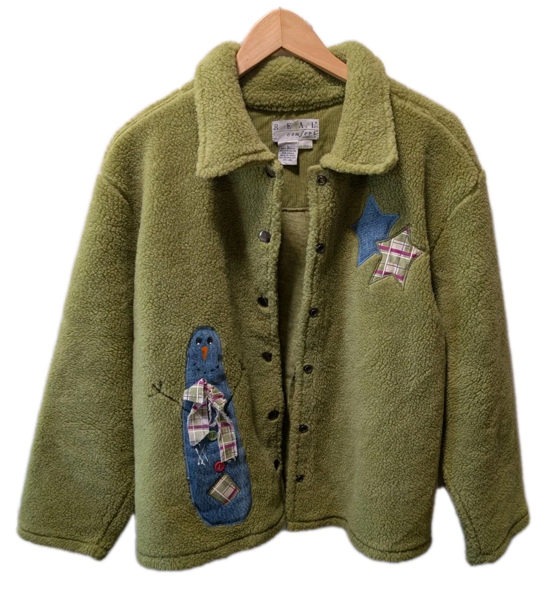 VTG 90s REAL Comfort L Green Sherpa Fleece Jacket Coat Snowman Star Applique