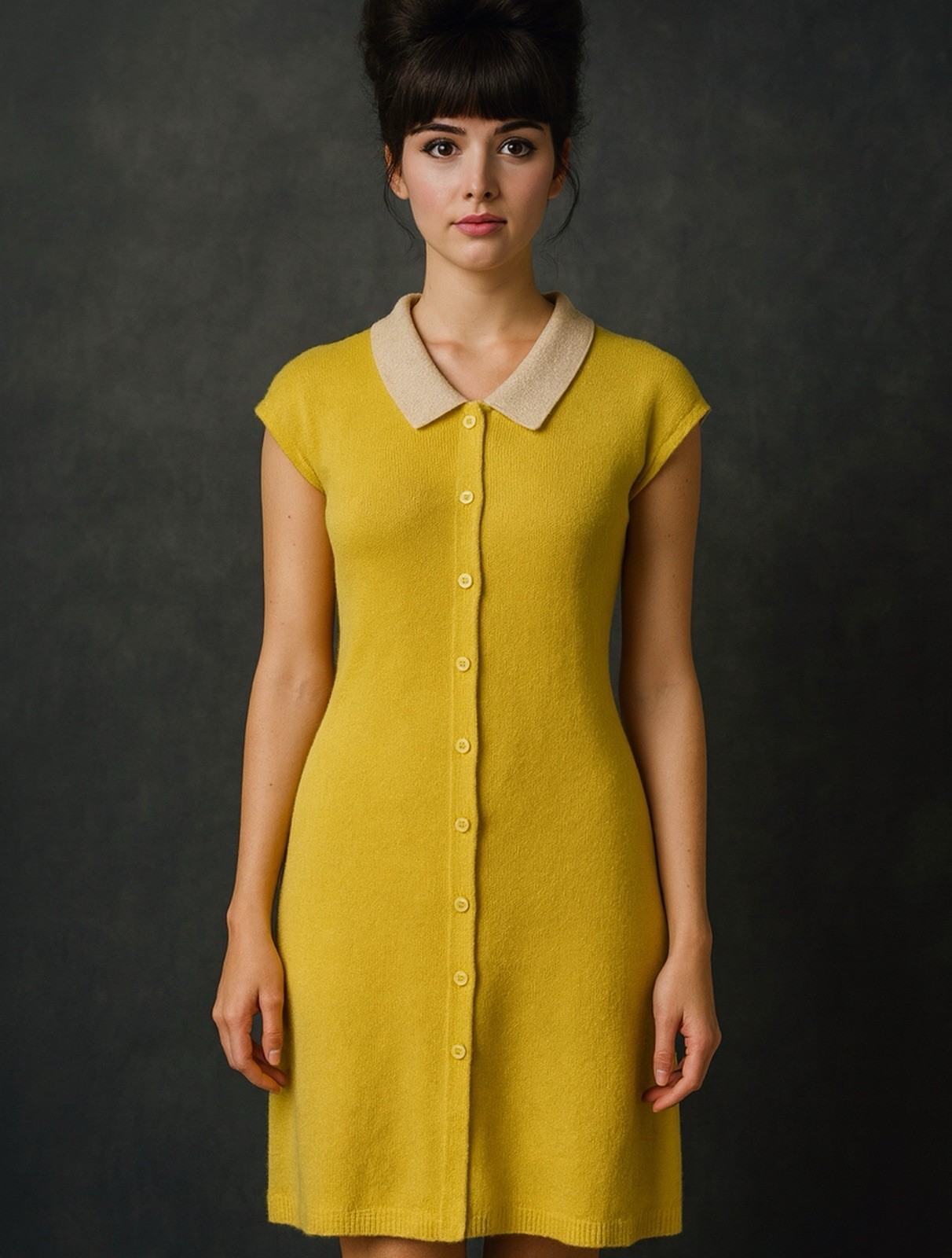 Vintage 60s Midi Knit Dress Women’s Small Yellow Cream Button Up Collar Feminine
