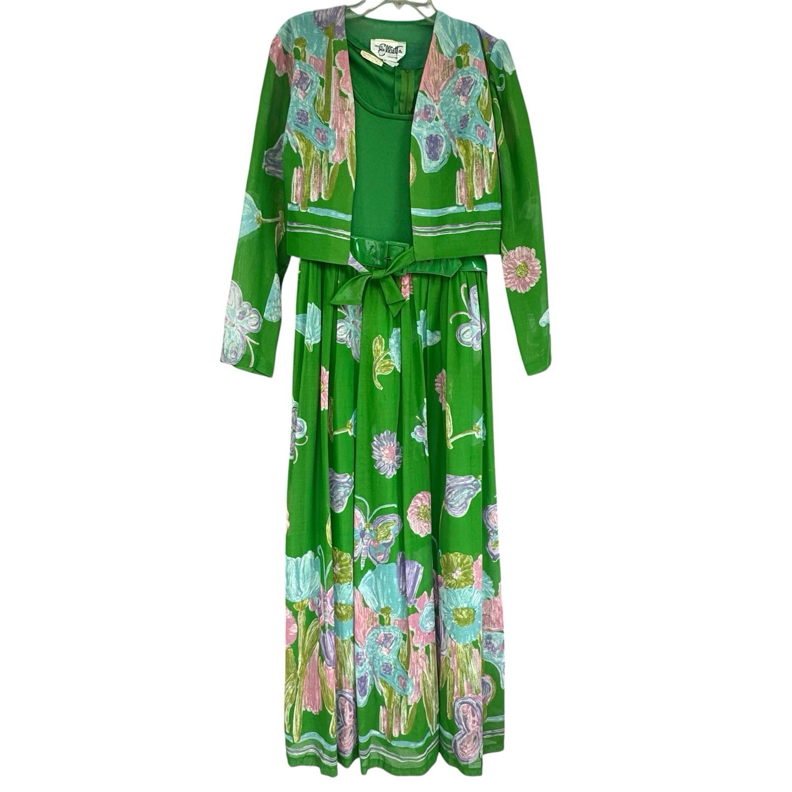 VTG 60s 70s Green Floral Butterfly Pleated Maxi Evening Dress W/Jacket Sz M