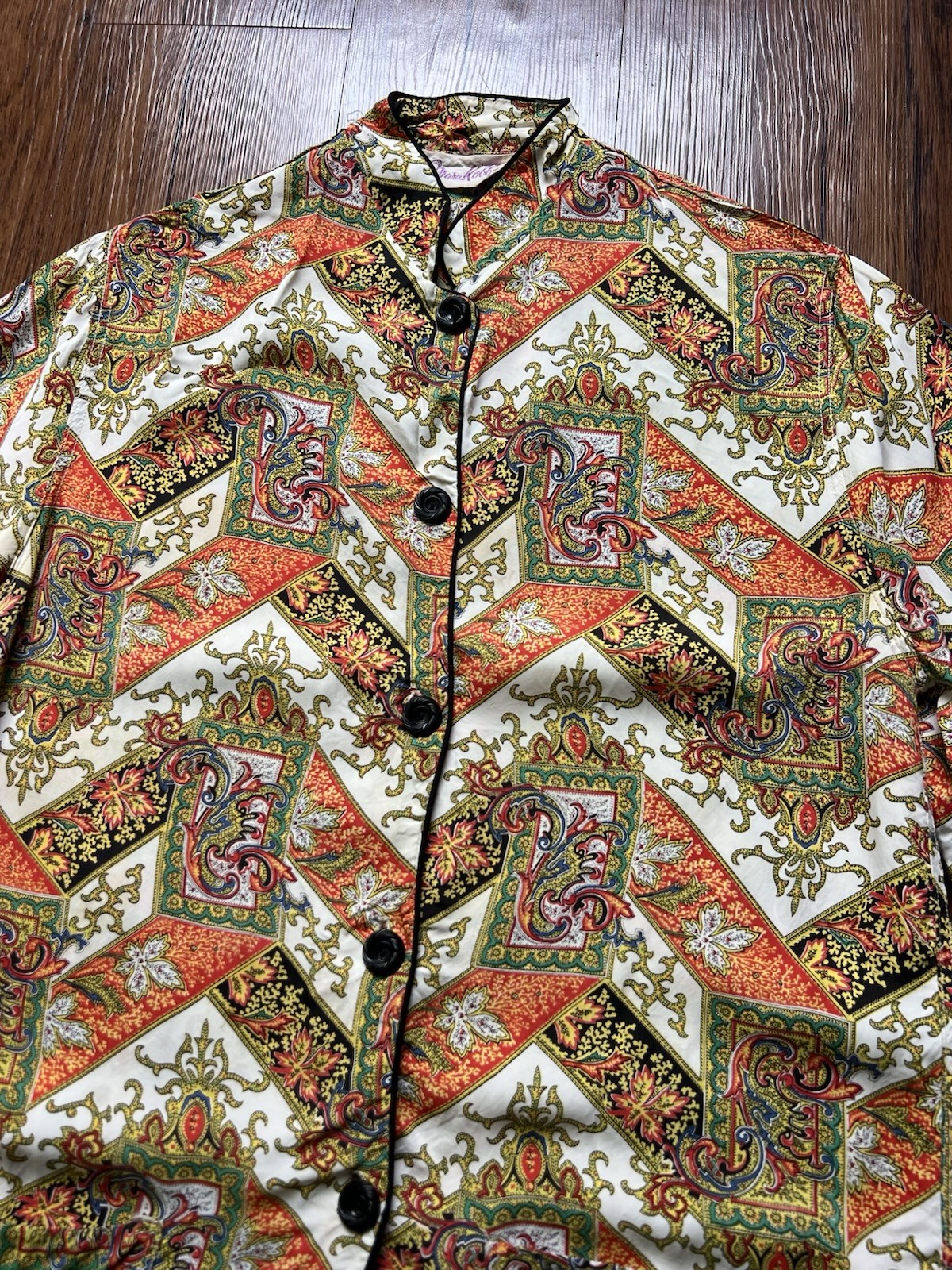 Vintage Mara Kobb Shirt Colorful Print Button Rayon Mandarin Collar 1940’s 50’s