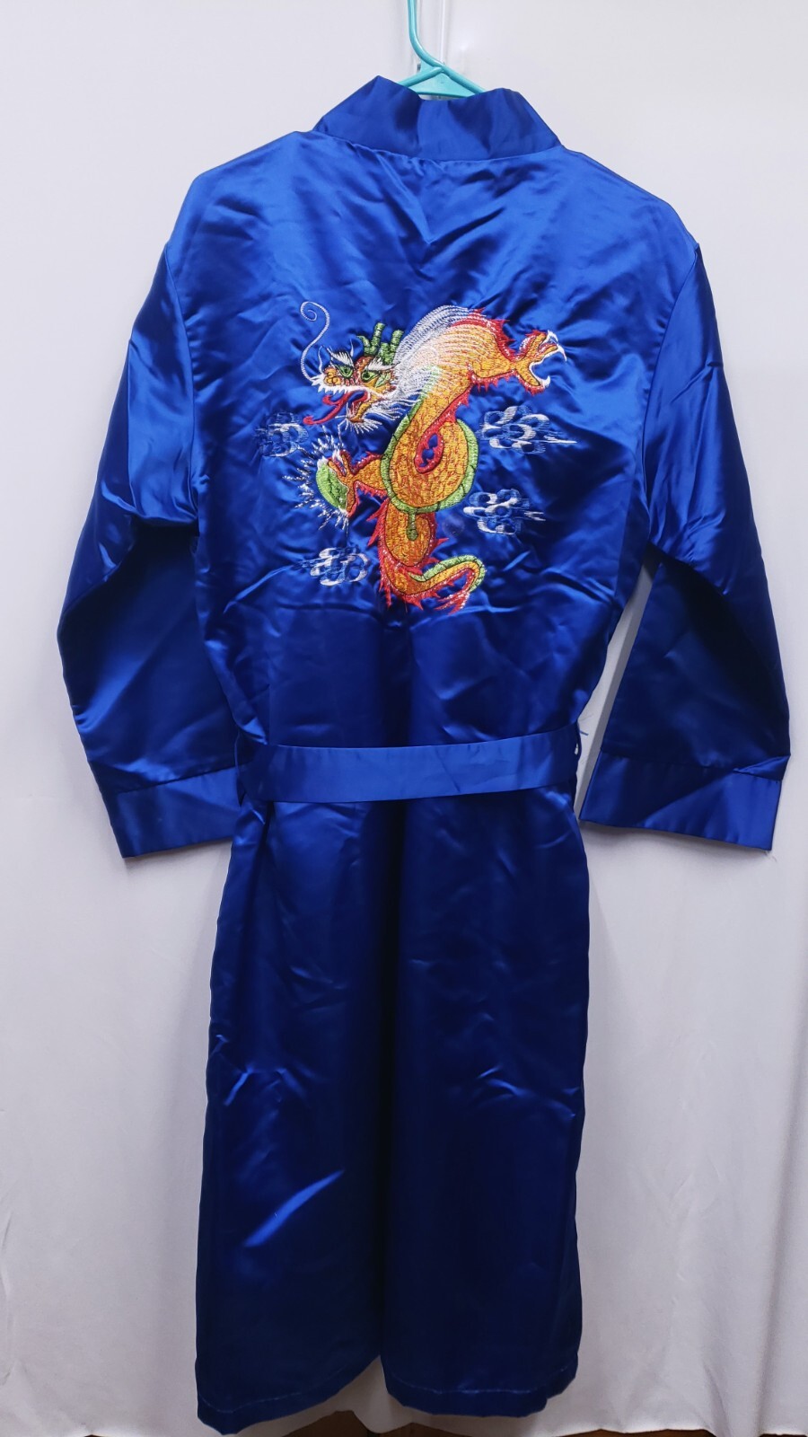 VTG Made In Korea Blue Silk Hand Embroidered Dragon Kimono Robe Lined Sz M