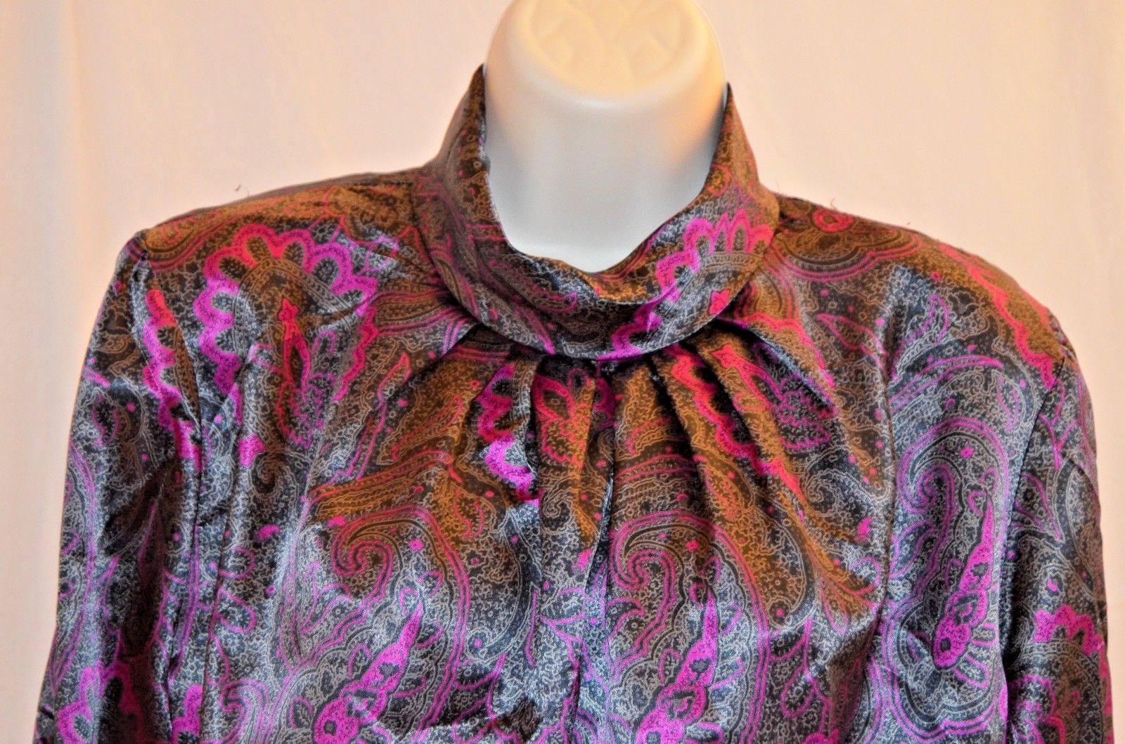 VTG 80’s 90’s Anna Kriste Black Pink Silky Womans Blouse SZ 12 Made in USA EUC