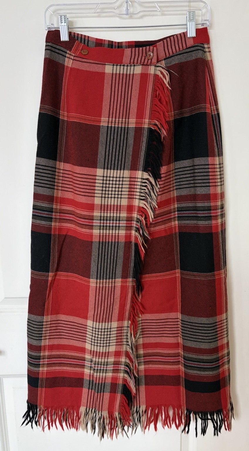 Vintage Ralph Lauren Country Plaid Wrap Wool Fringe Skirt, Sz S/M