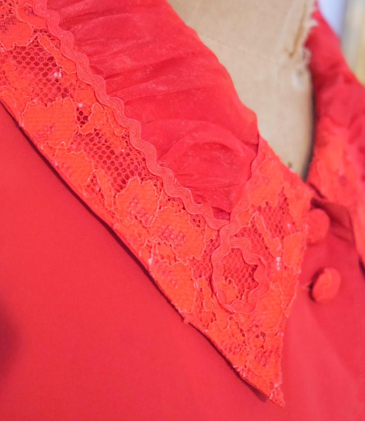 Vintage 60s OLEG CASSINI Burma Mod Red Blouse Top Lace Organza Portrait Collar M