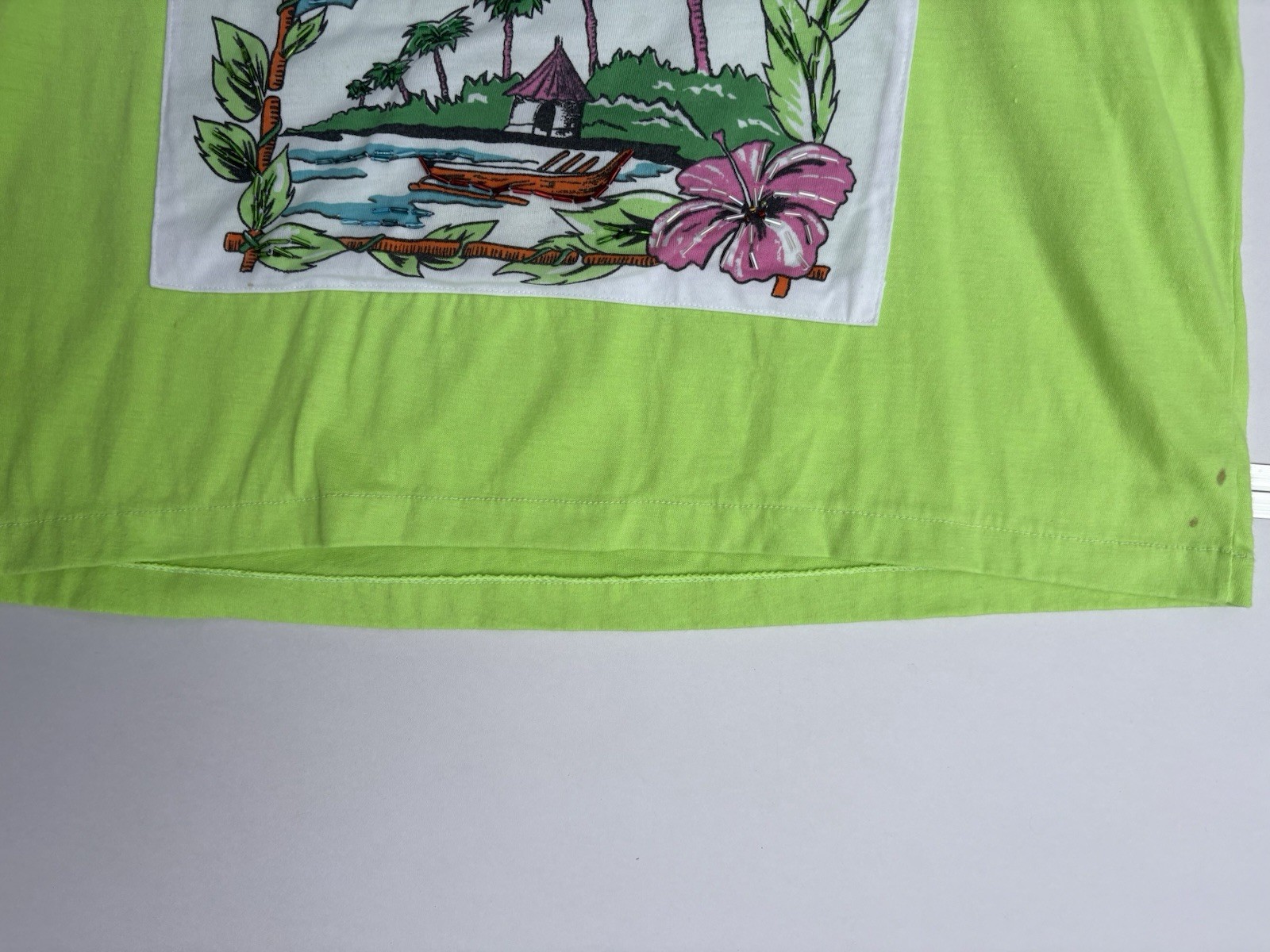 Vintage 90s Lime Green Tropical Print Boxy Tank Top with Beaded Embellishments M