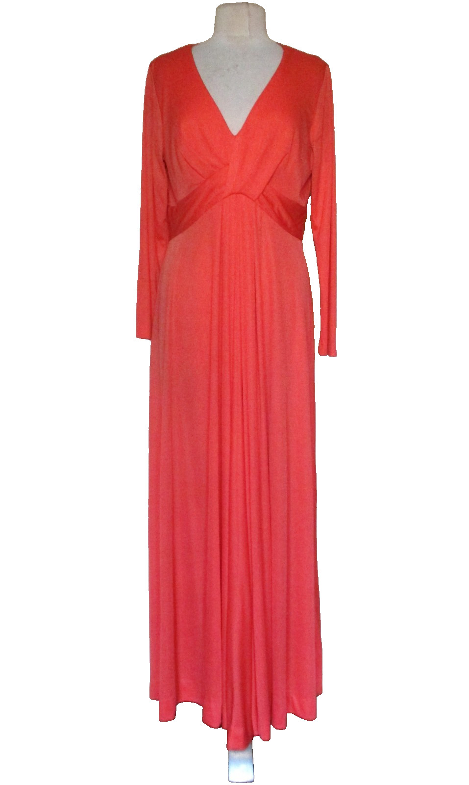 Vintage 70s Maxi Dress Orange Stretch Nylon Long Sleeve Full Sweep L Women