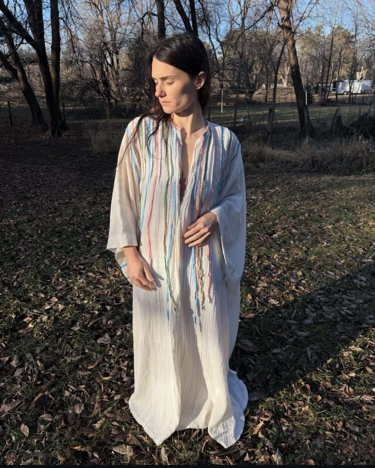 Vintage 1970s Cotton Gauze Ribbon Caftan Open Size