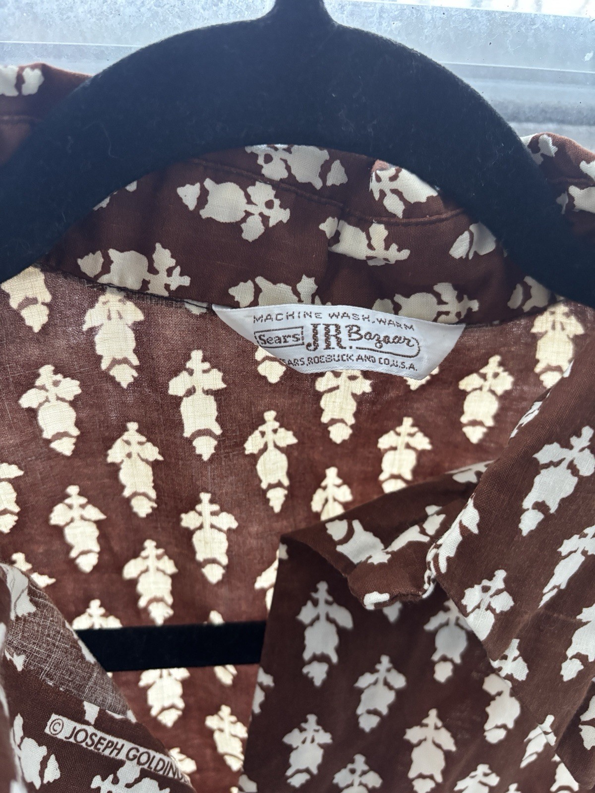 Vintage 70s Sears JR Bazaar Cropped Tie Brown Cream Block Print Short Sleeve