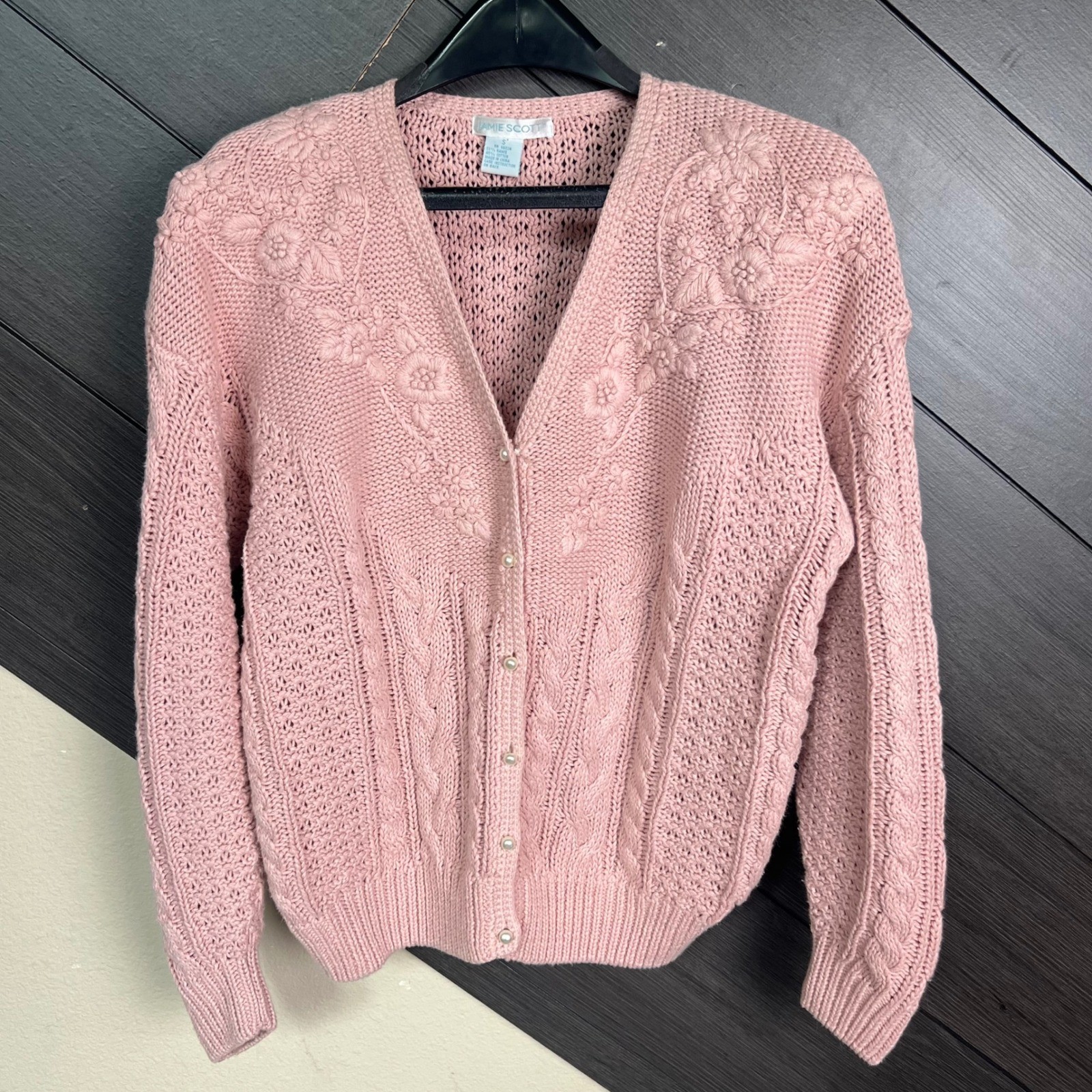 Jamie Scott Women’s Floral Embroidered Cable Knit Cardigan Sweater Pink S VTG