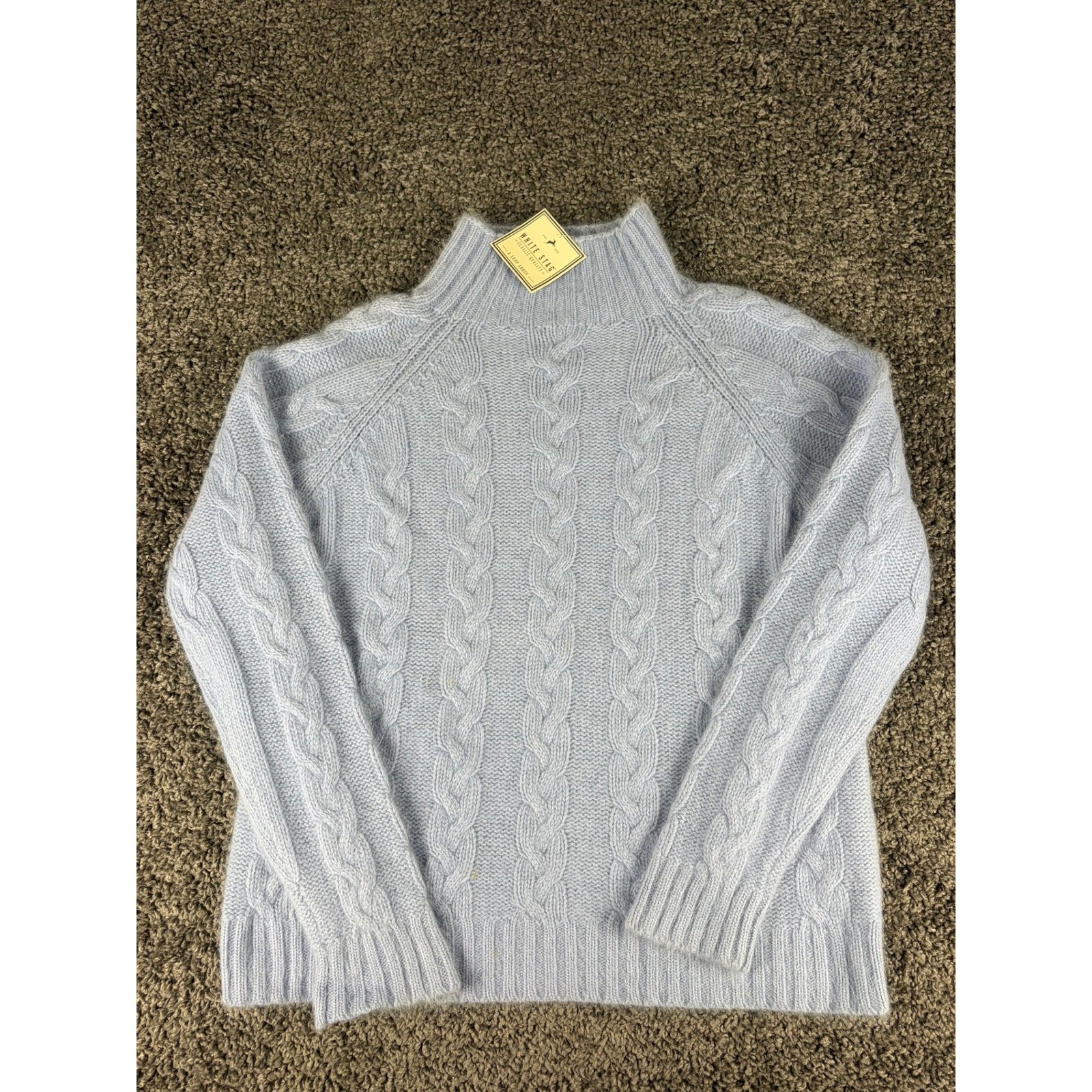 White Stag Vintage Light Blue Cable Knit Angora Lambswool Mock Neck Sweater XL