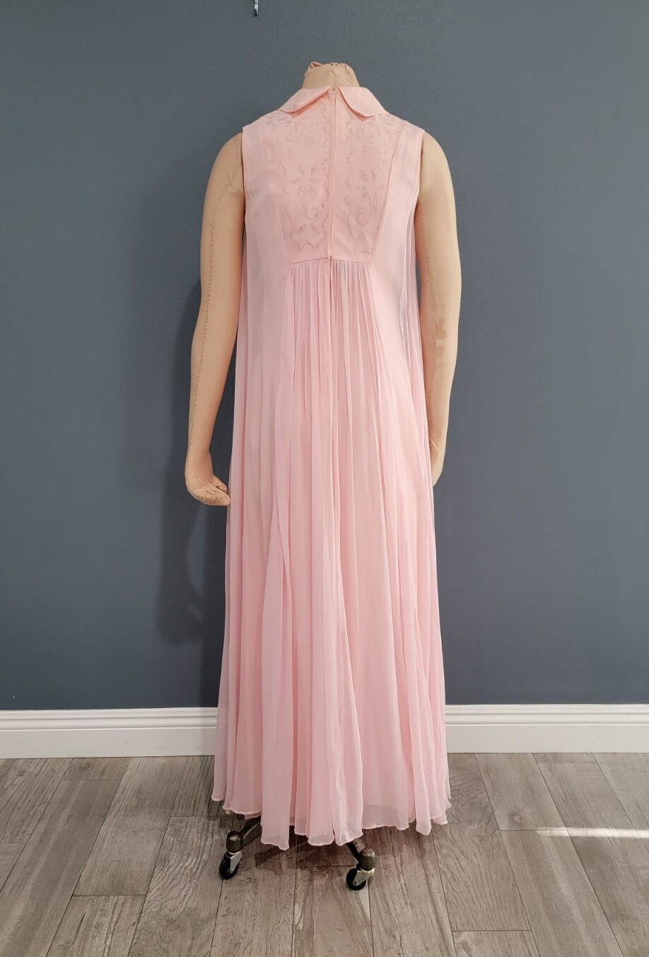 Vintage 50s 60s pink flowy chiffon maxi dress nynco zipper XS/S