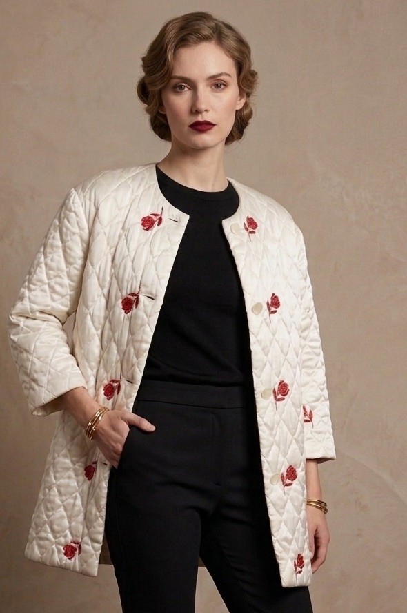 Vintage Satin Quilted Robe Inspired Rhapsody By Glazier Ivory Red Roses MCM GUC