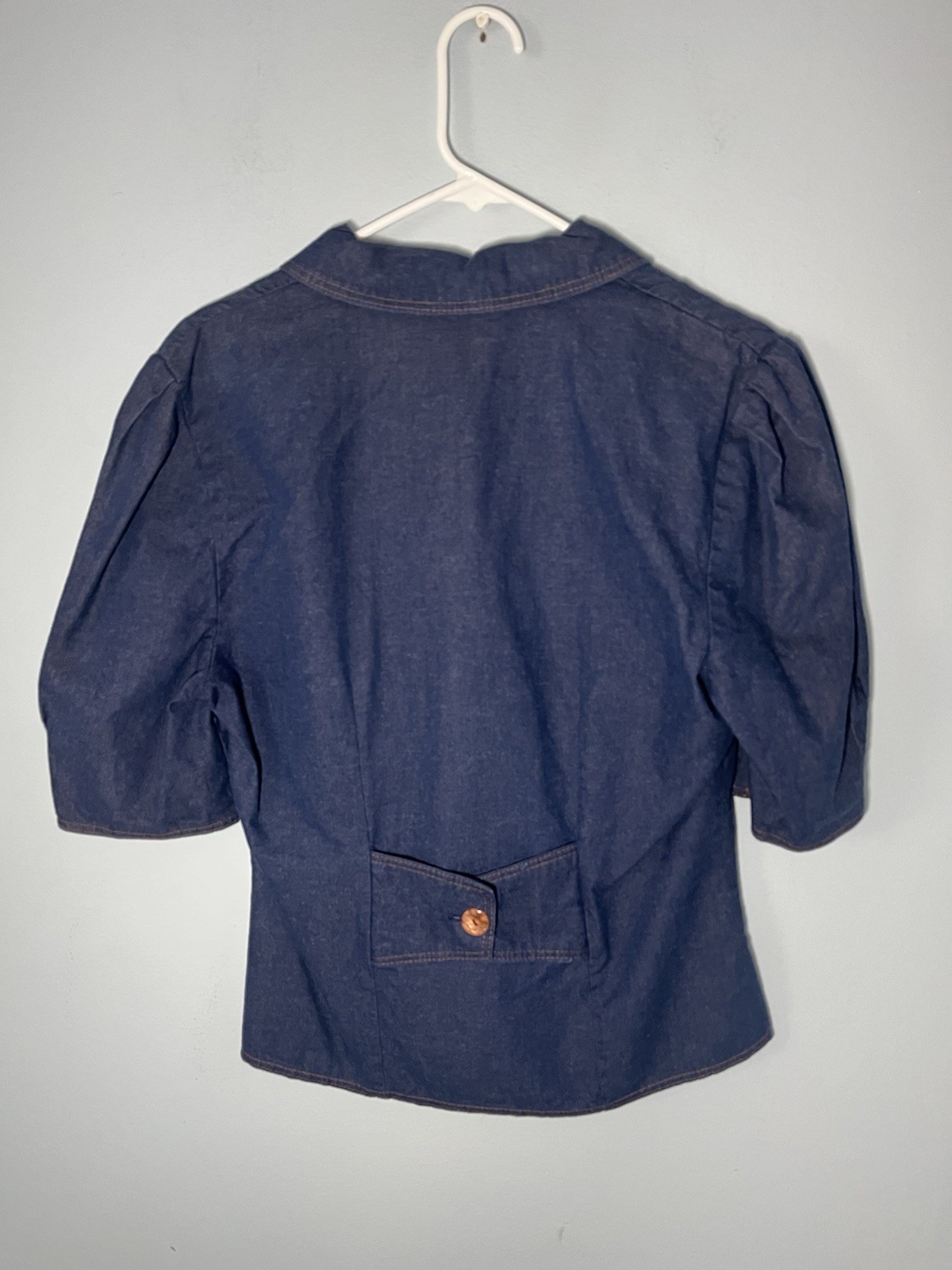 Vintage 100% Cotton Chambray Double Breasted Blouse Jacket Top Puff Sleeves 36 S