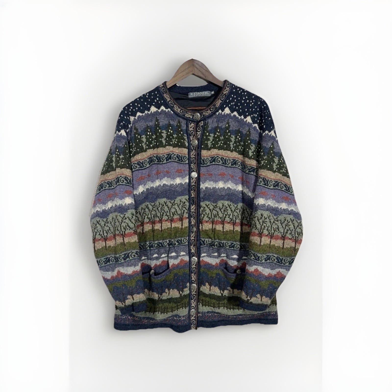 Vintage Icelandic Design Wool Cardigan Womens Med Sweater Button Jacket Trees