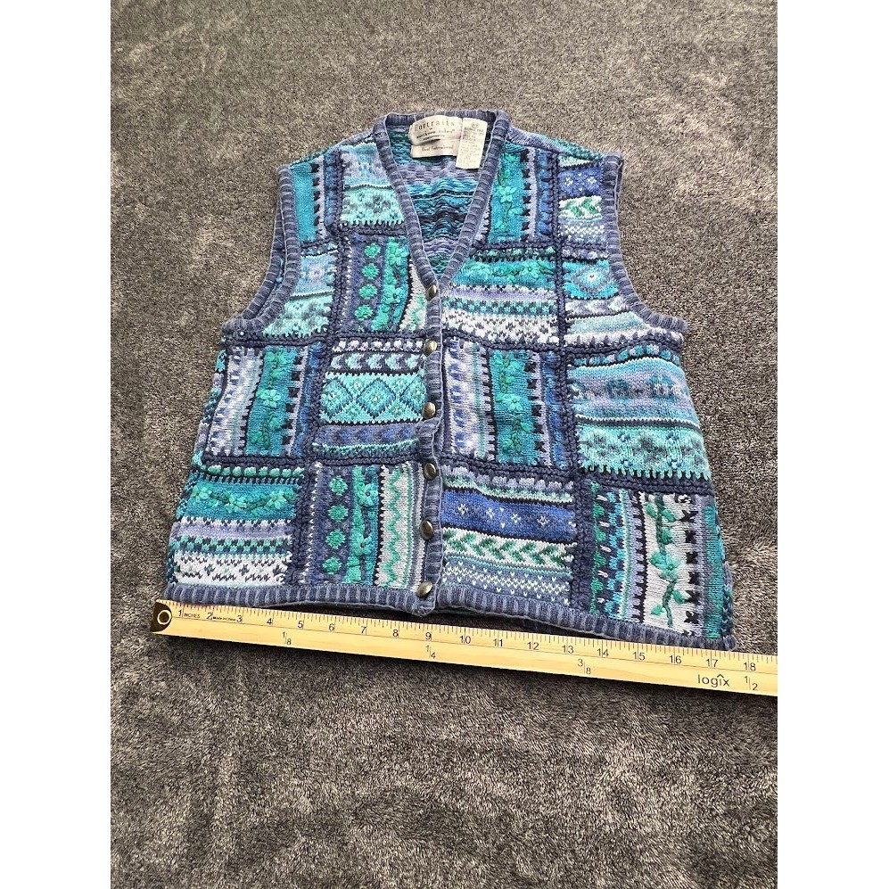 Portraits Northern Isles Vintage Blue Patchwork Floral Knit Sweater Vest Medium