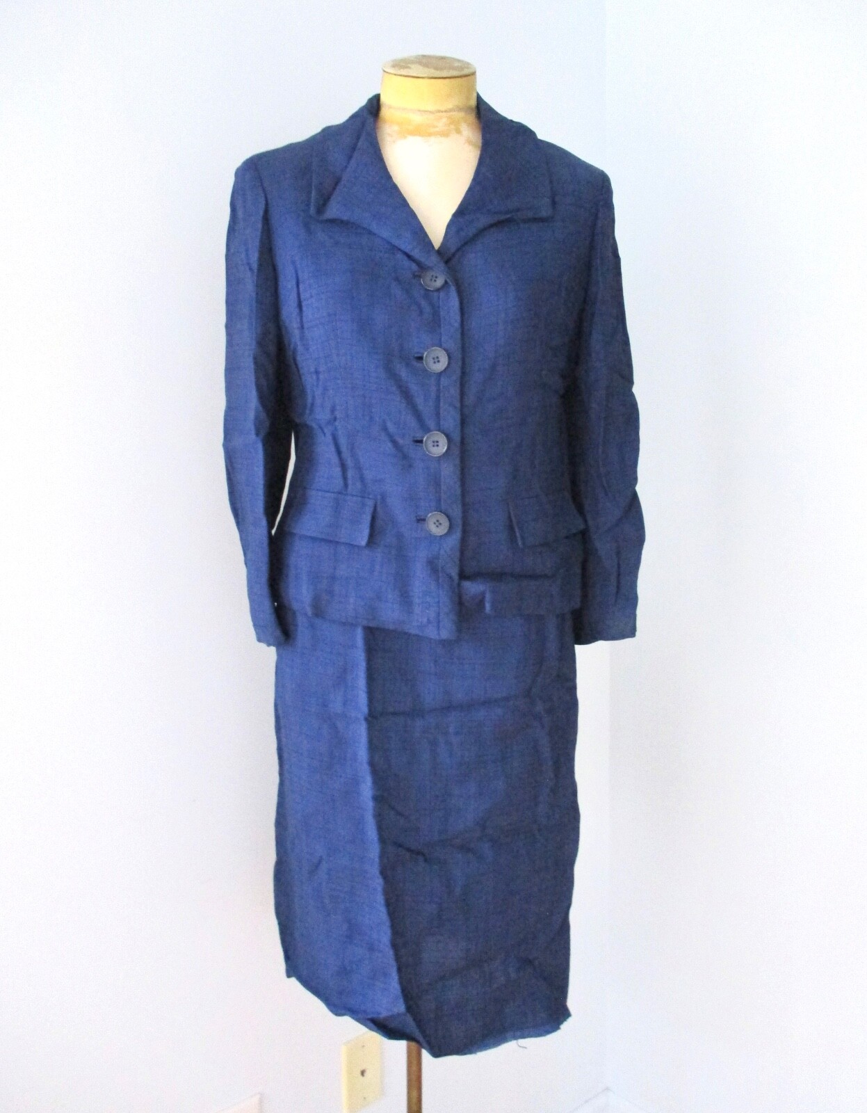 Vtg 40s 50s Twistspun blue black check 2-pc pencil skirt jacket secretary suit M