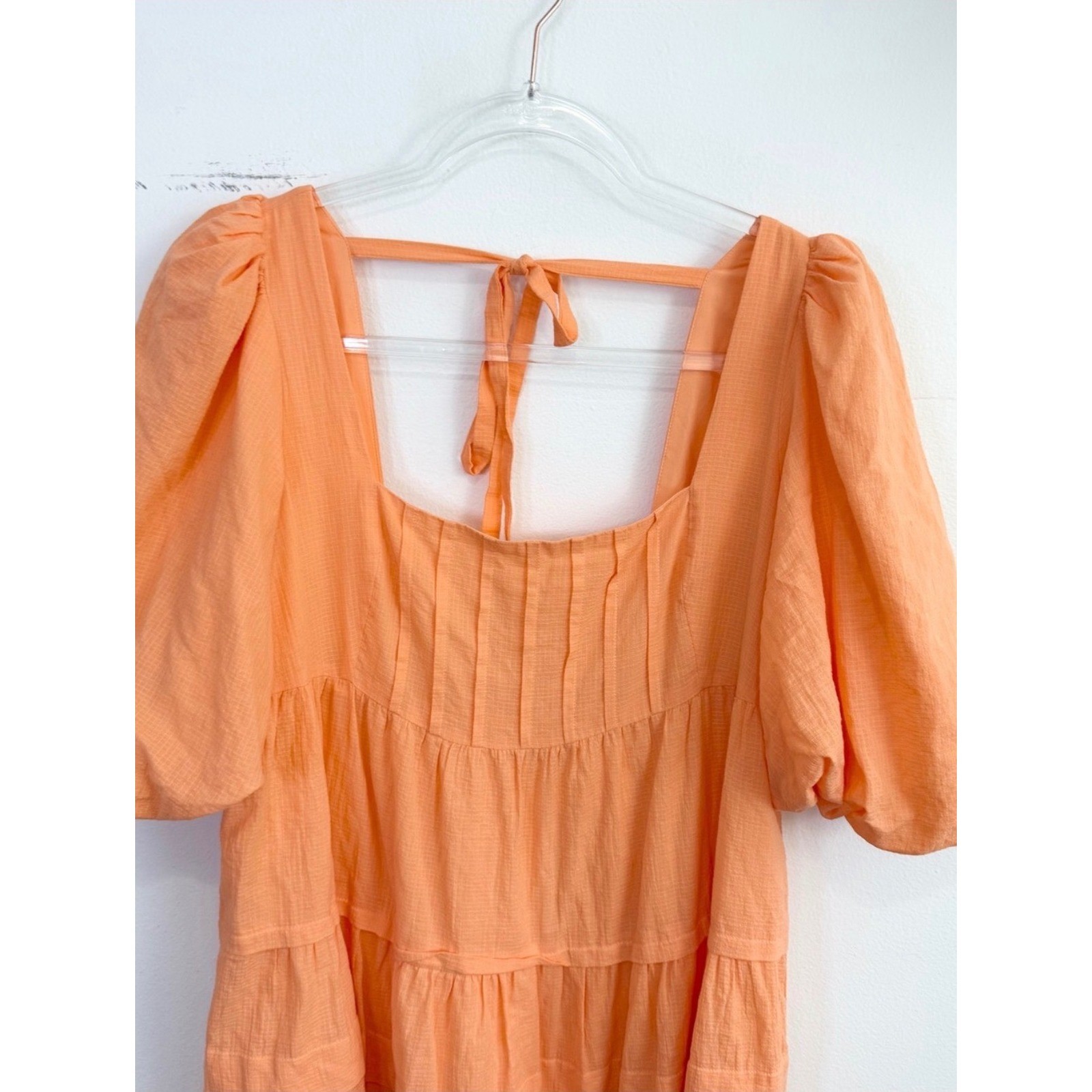 Anthropologie Peach Puff Sleeve Square Neck Tiered Mini Dress Size M