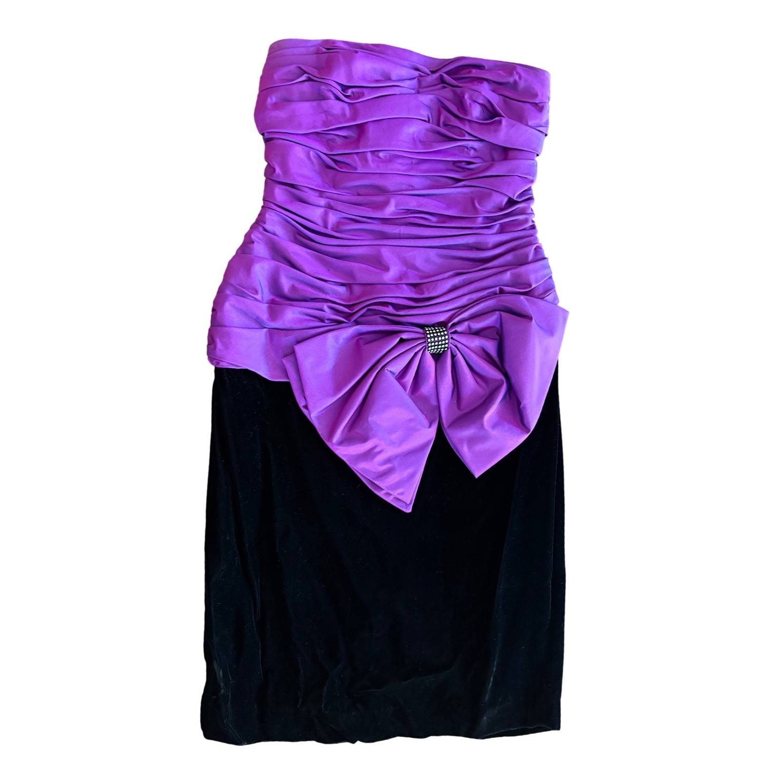 AJ Bari Vintage 80s Strapless Purple Ruched Rhinestone Bow Black Velvet Dress 12
