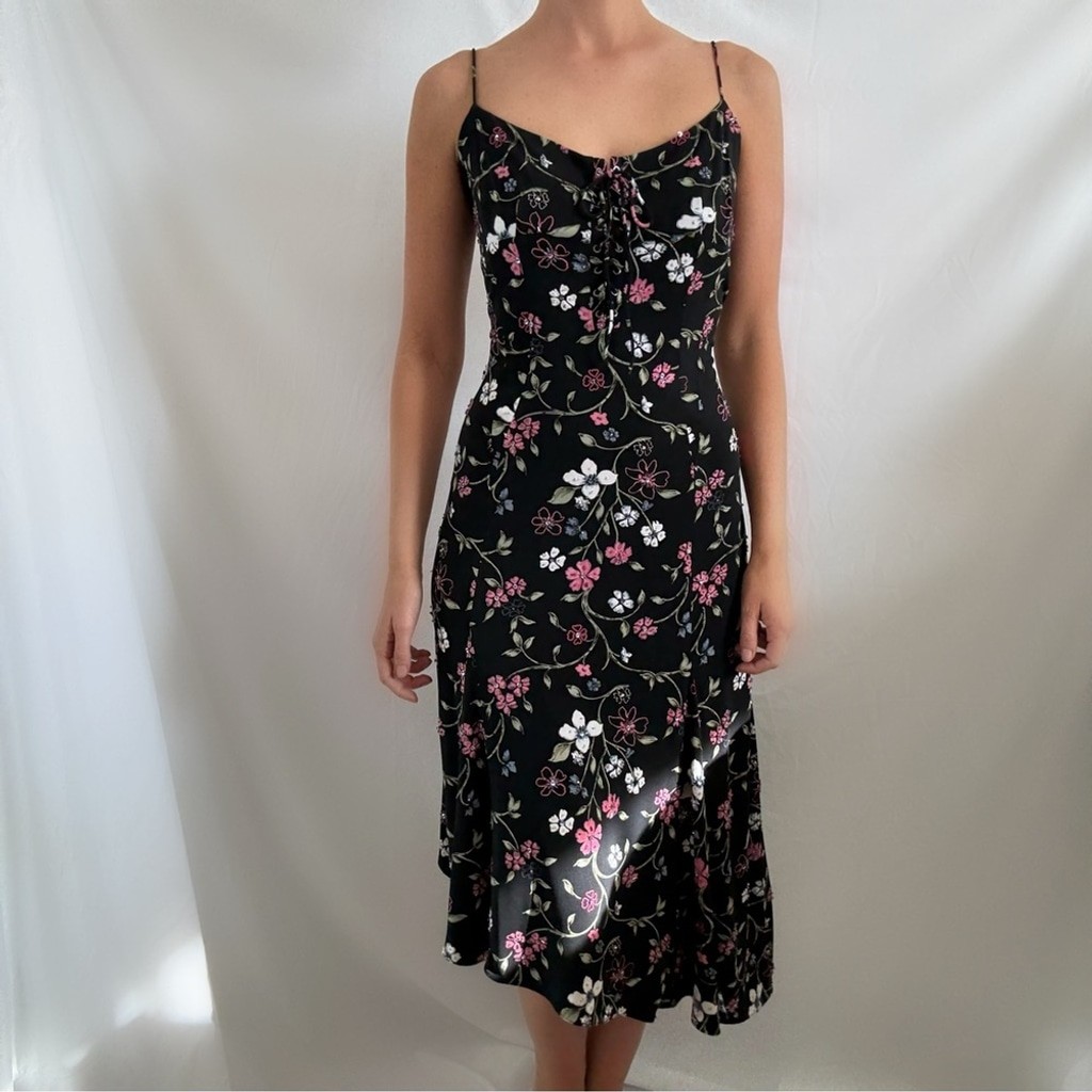 Vintage Papell boutique beaded lace up midi dress black pink floral Y2K 90s