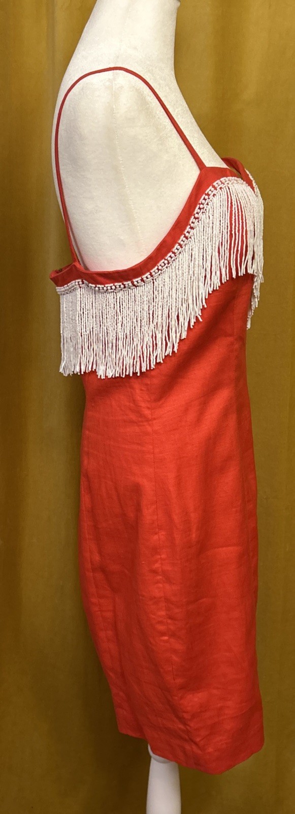 Vintage Pia Rucci Dress Red Linen Short White Beads Fringe Party 10 Medium 6/8
