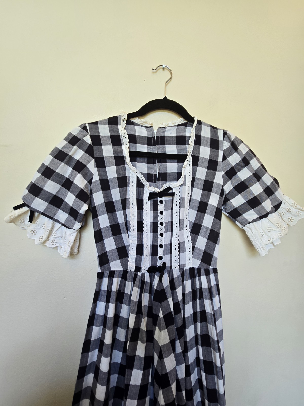 Vintage Womens Gingham Check Dress Eyelet Black White Dainty Sz Xs S 4 Prarie
