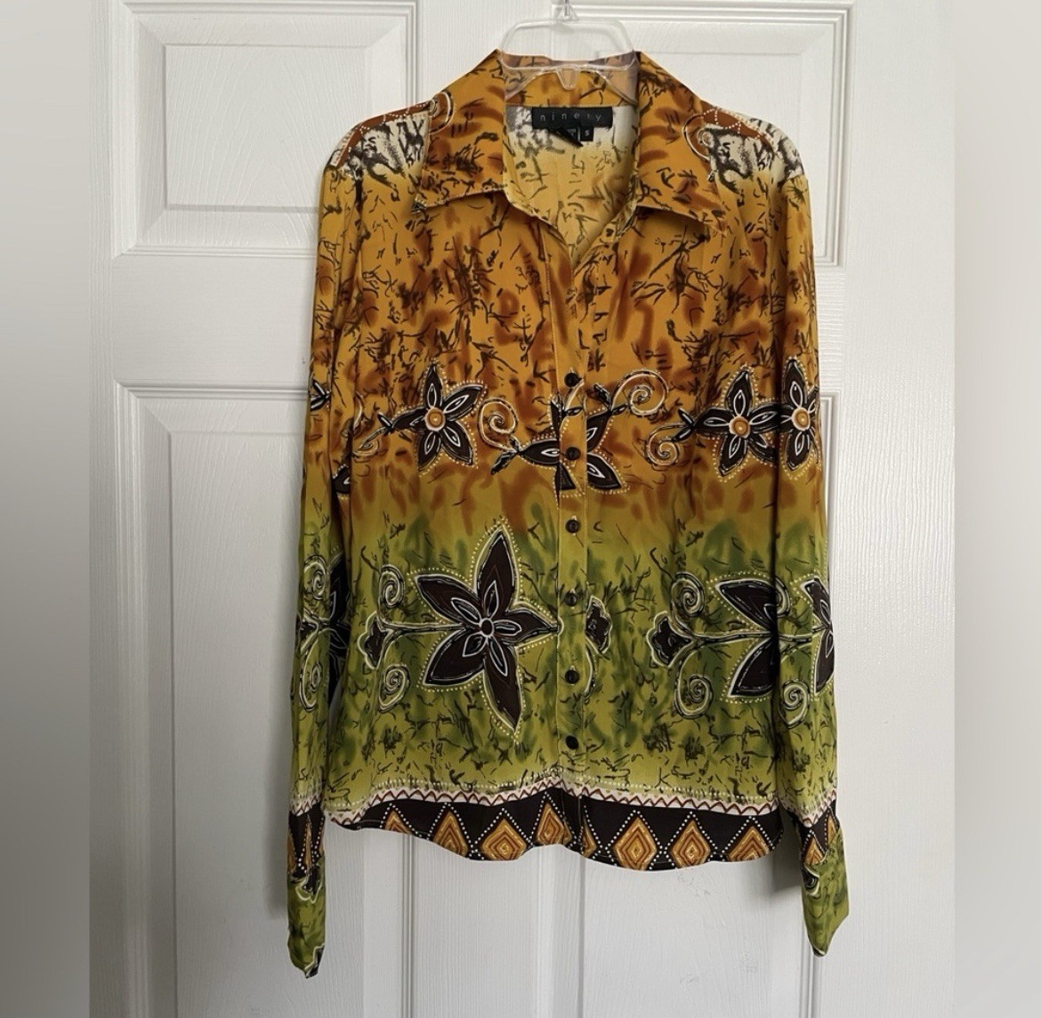 Vintage Ninety Orange and Green Floral Button-Down Shirt with glitter accents