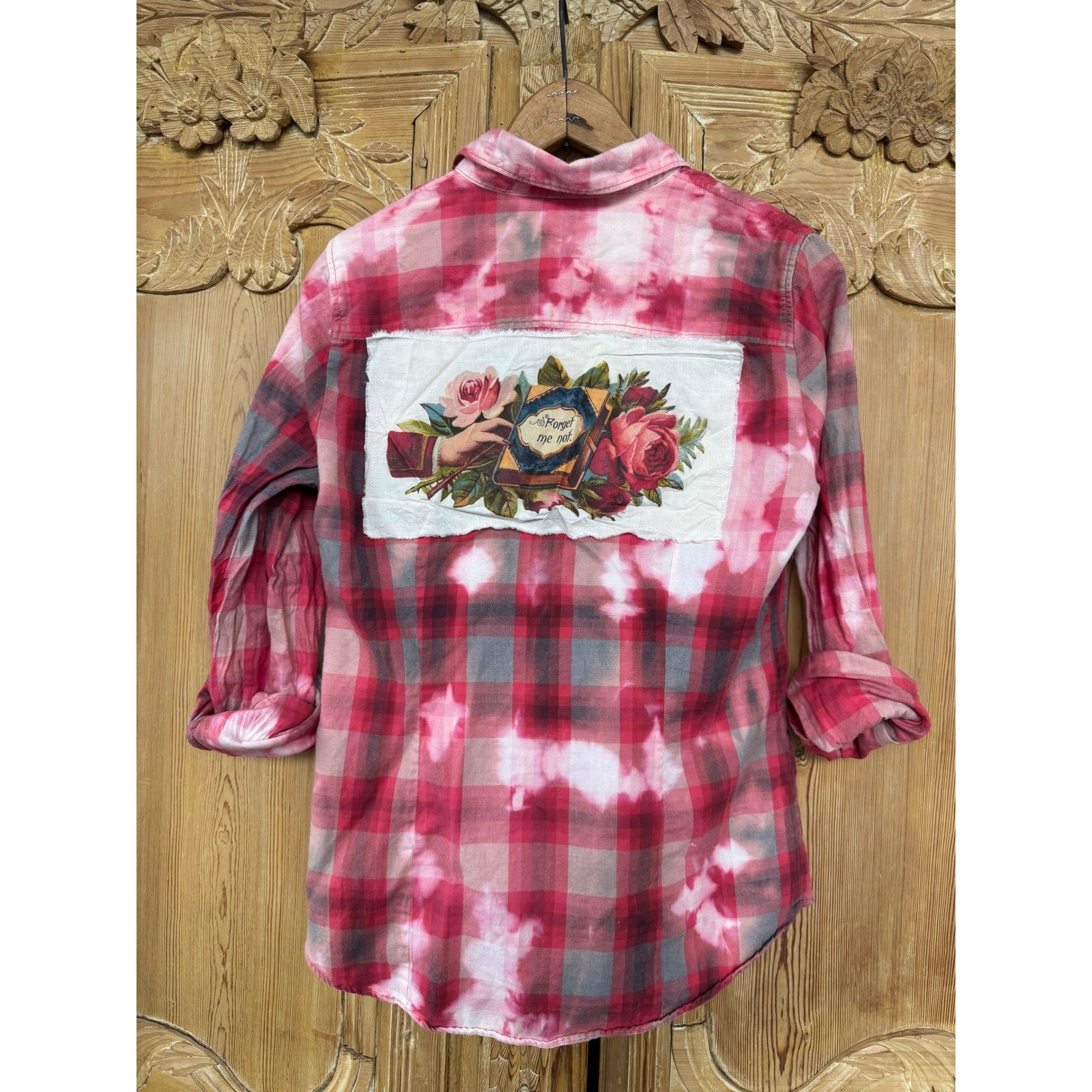 Upcycled J.Crew Pink Red Plaid Shirt Small Vintage Image „Forget Me Not” Back