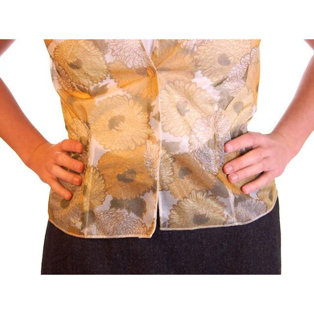 VTG 1950s Sheer Nylon Blouse Gold Floral Print Secretary Pinup Size 34 Bust 38
