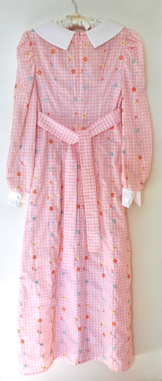Vintage 70s Gingham Maxi Dress Empire Waist Gown Peter Pan Collar Pastel Kawaii