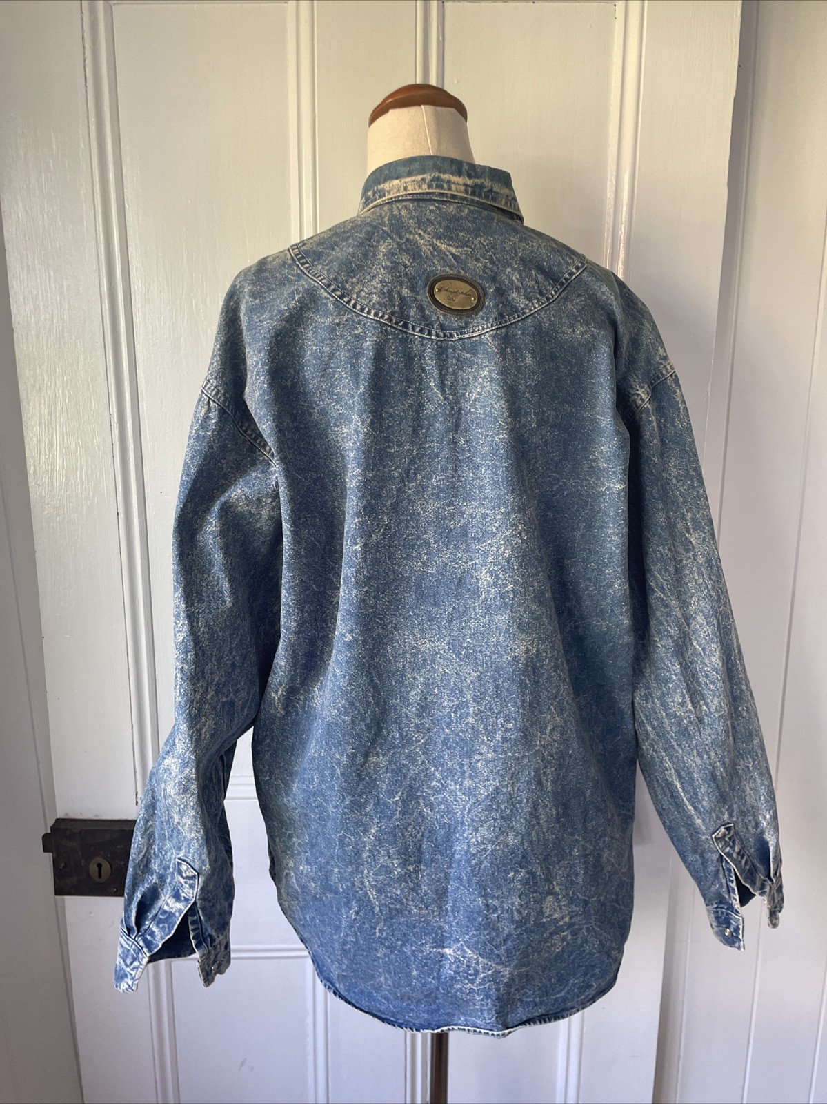 90s Vintage Christopher Ari Size XL Oversized Blue Stonewash Denim Shirt Sequin