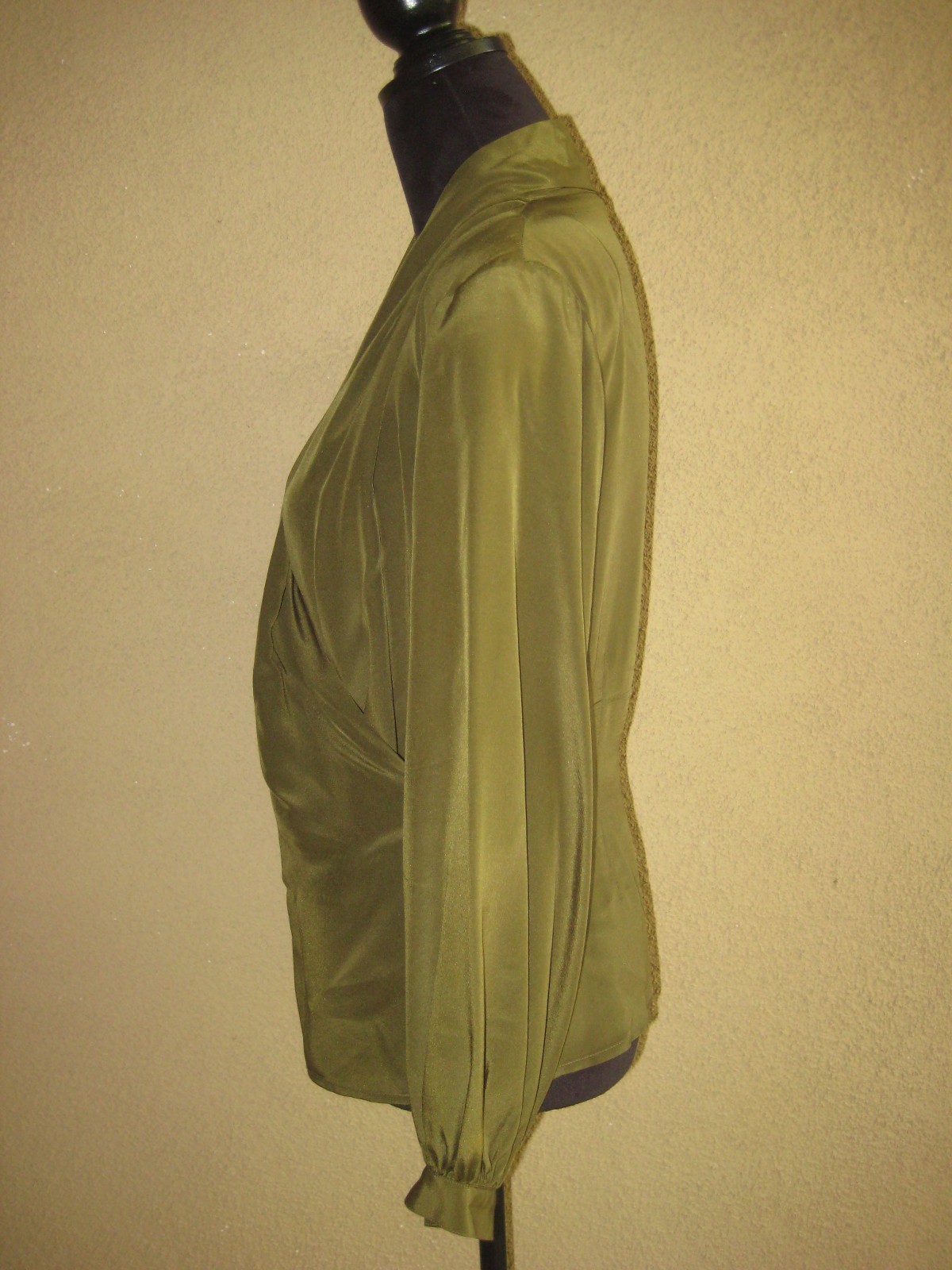 Vintage Mr Jax 100% silk olive green wrap shoulder pads long sleeve blouse 8