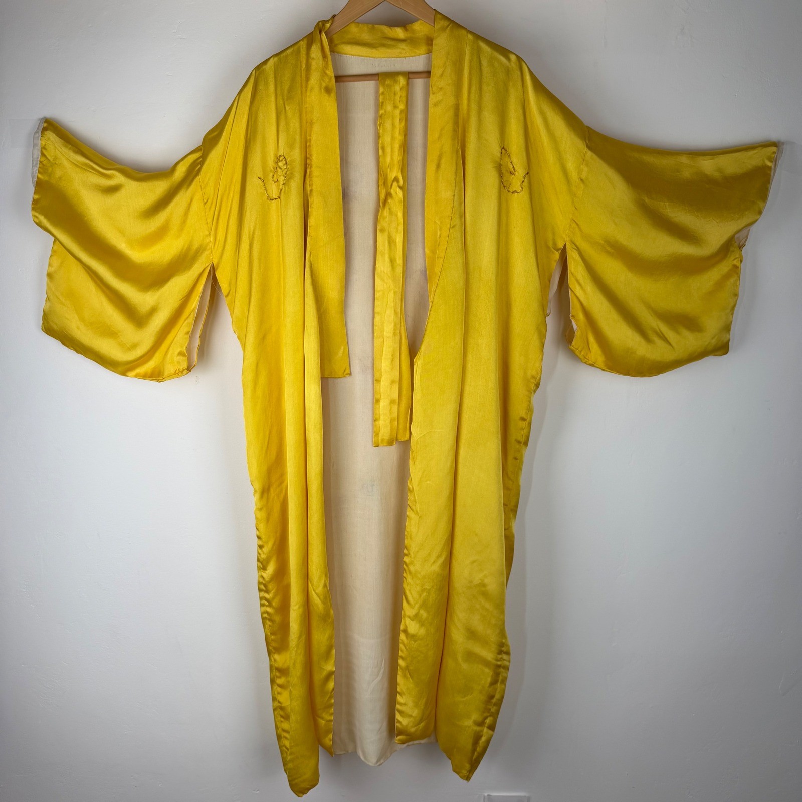 Vintage Yellow Kimono Robe Dragon Gold Metallic Embroidery Long Duster Belt