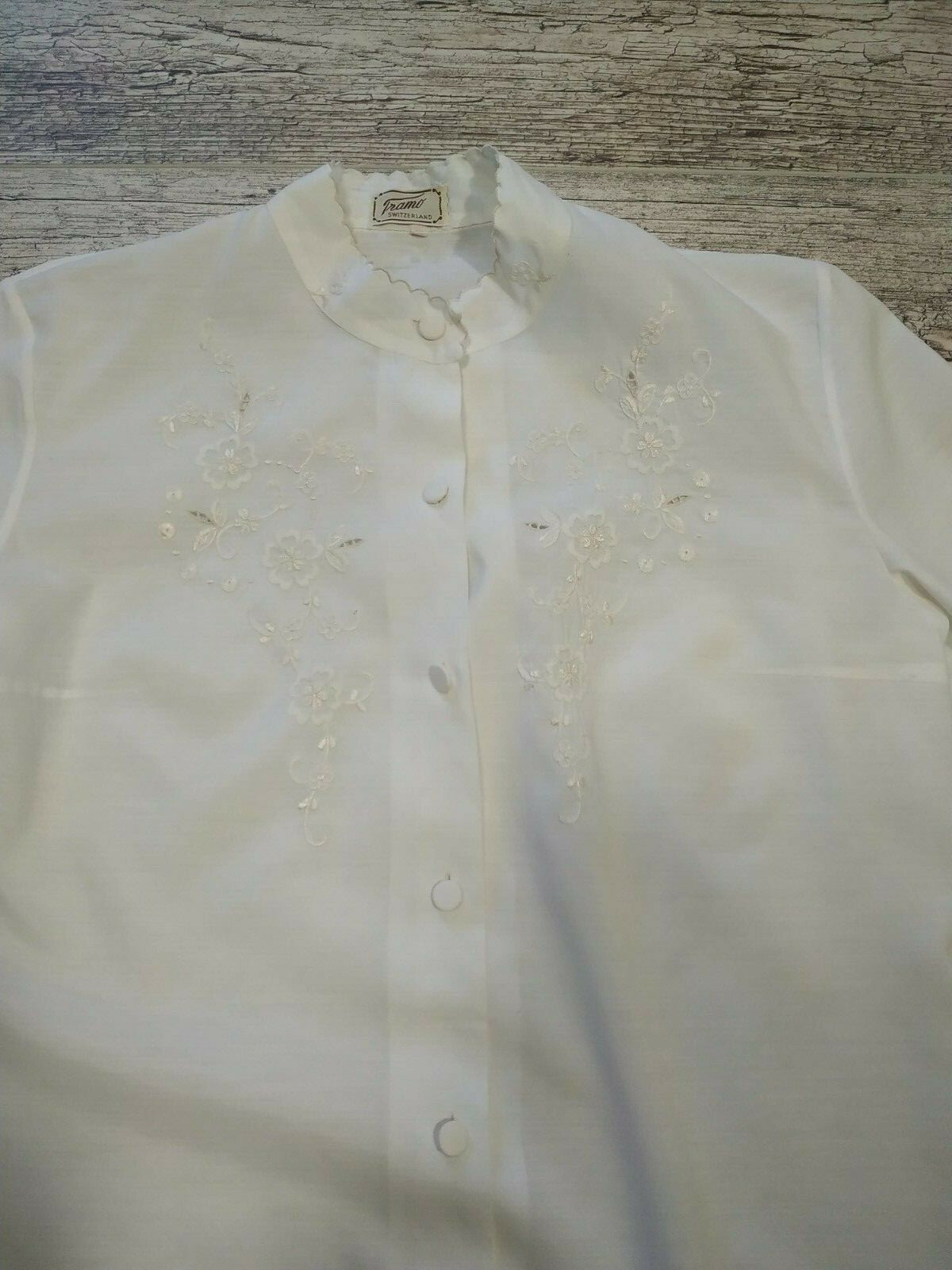 VINTAGE 60’s White Polyester Blend Blouse Embroidery Tramo Switzerland Size 38