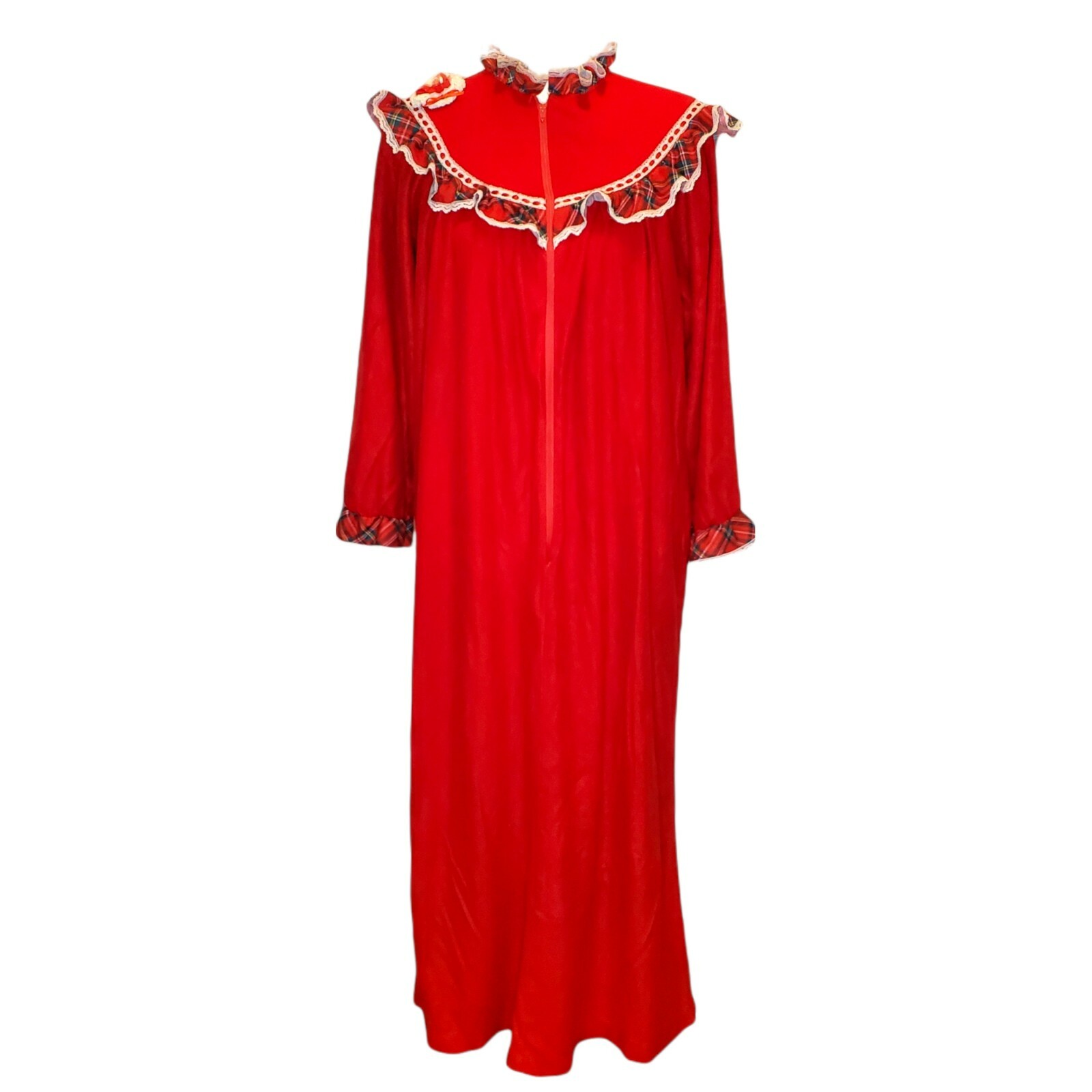 Vintage Christmas Velour Red Housecoat Robe Zip Front Long Plaid Ruffles Small
