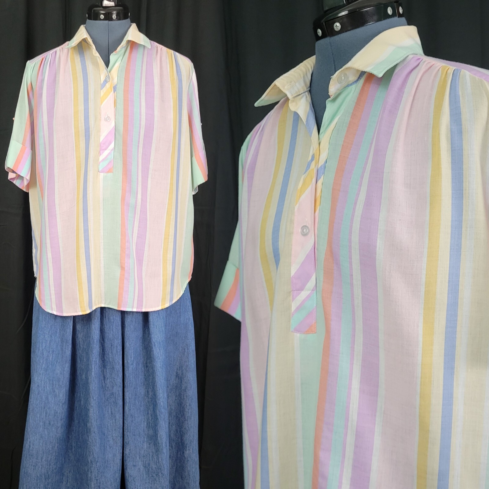 Vtg Cotton Bay Pastel Collared S/S Top w Partial Button Down Size 16