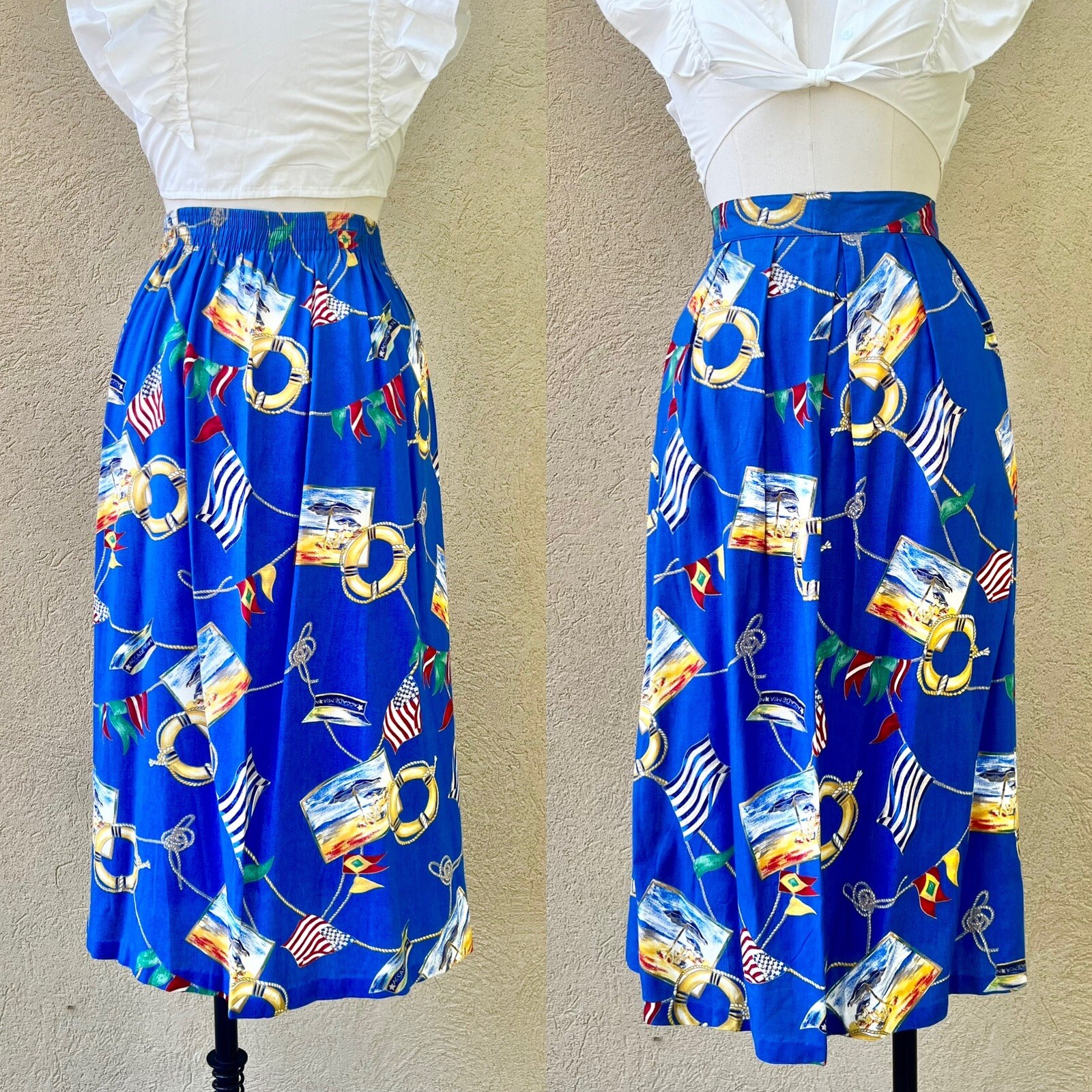 MARITIME NAUTICAL Sailing Yacht 90s 1990’s Vintage Novelty Print Rayon Skirt XL