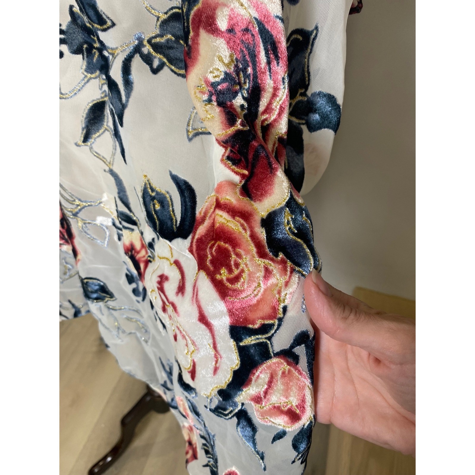 Vintage 90s Velvet Burnout Floral Kimono Wrap Gold Metallic Rose Sheer Cardigan
