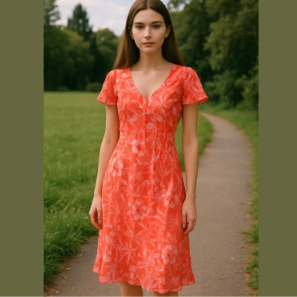 Vintage Scarlett Orange Floral Midi Dress Size 8 90s Y2K Whimsical Fairy