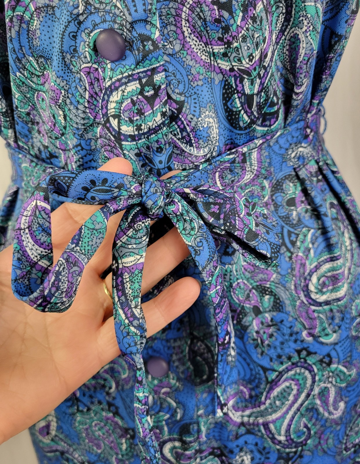 Vintage Ina Carol Blue & Purple Paisley S/S Dress w Matching Tie Belt Size 14