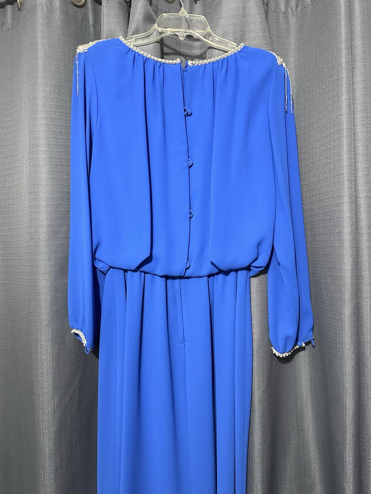 1990 MISS ELLIETTE Maxi Dress●Vtg●Pearls & Beads●Long Sleeve●Blue●Sz 14●Elegant