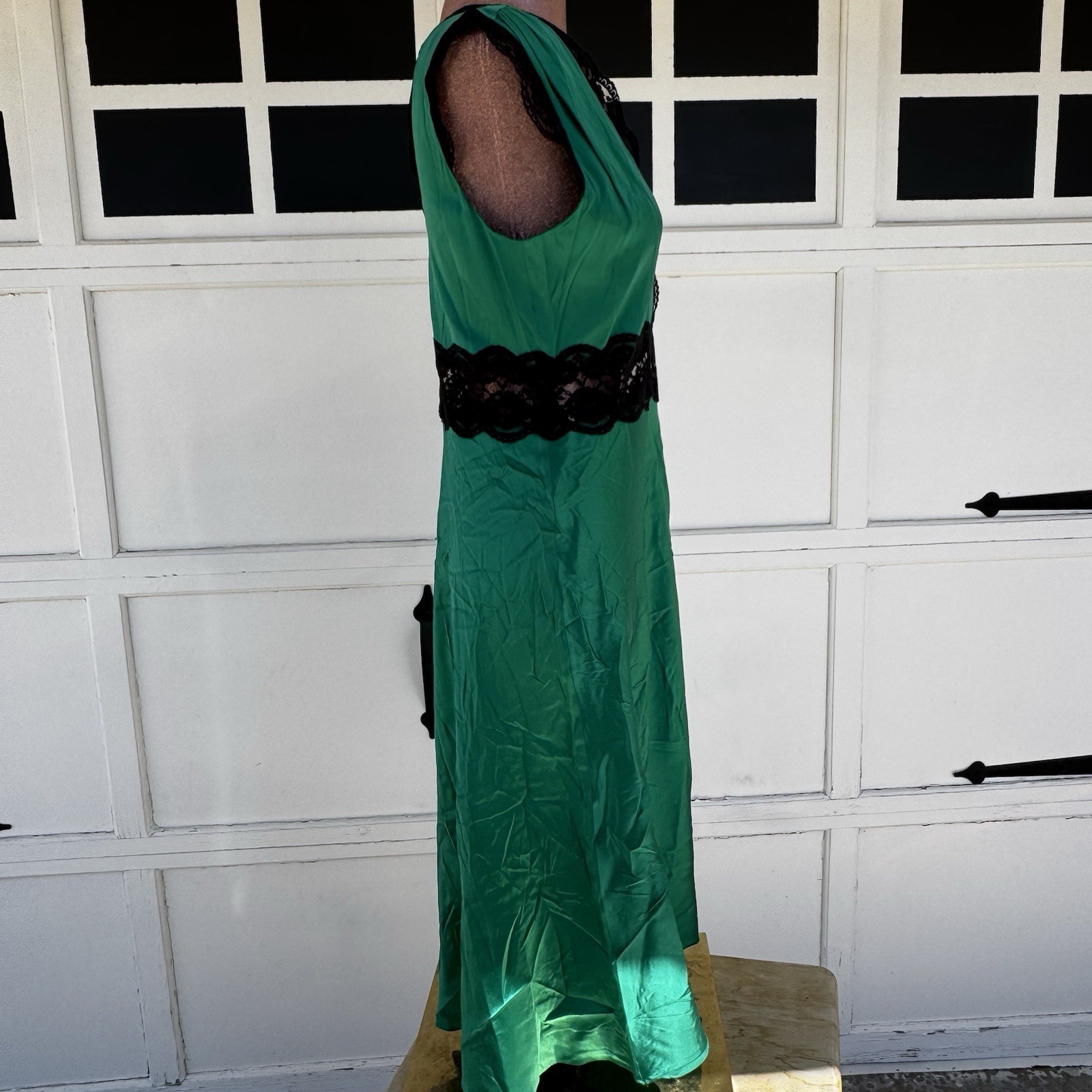 VTG Searle Silk Cap Sleeve Slip Dress V Neck Lace Emerald Green Black 90s Y2K