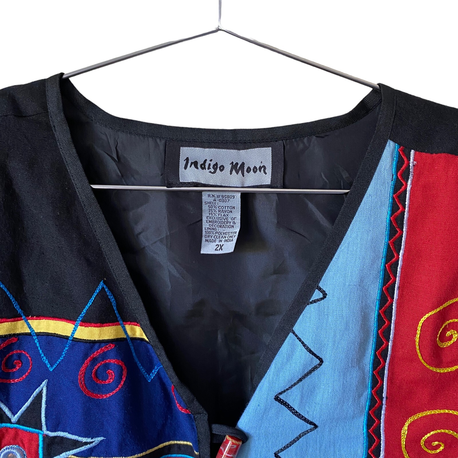 Vintage Indigo Moon Embroidered Patchwork Jacket Art to Wear Retro Abstract Boho