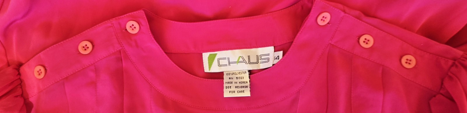 1980s CHAUS SPORT Fuchsia Front Pleated Poly Blouse w/Shoulder Button Closure 14