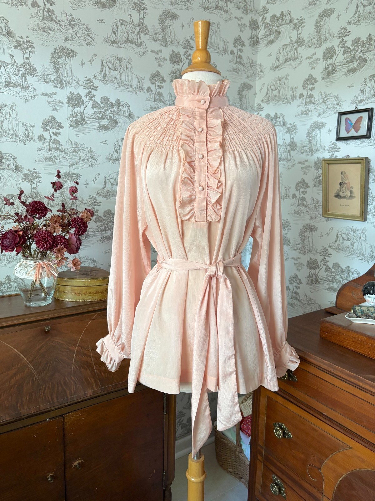 Vintage 70s The French Clique Pink Ruffle Smocked Button Down Blouse: Coquette