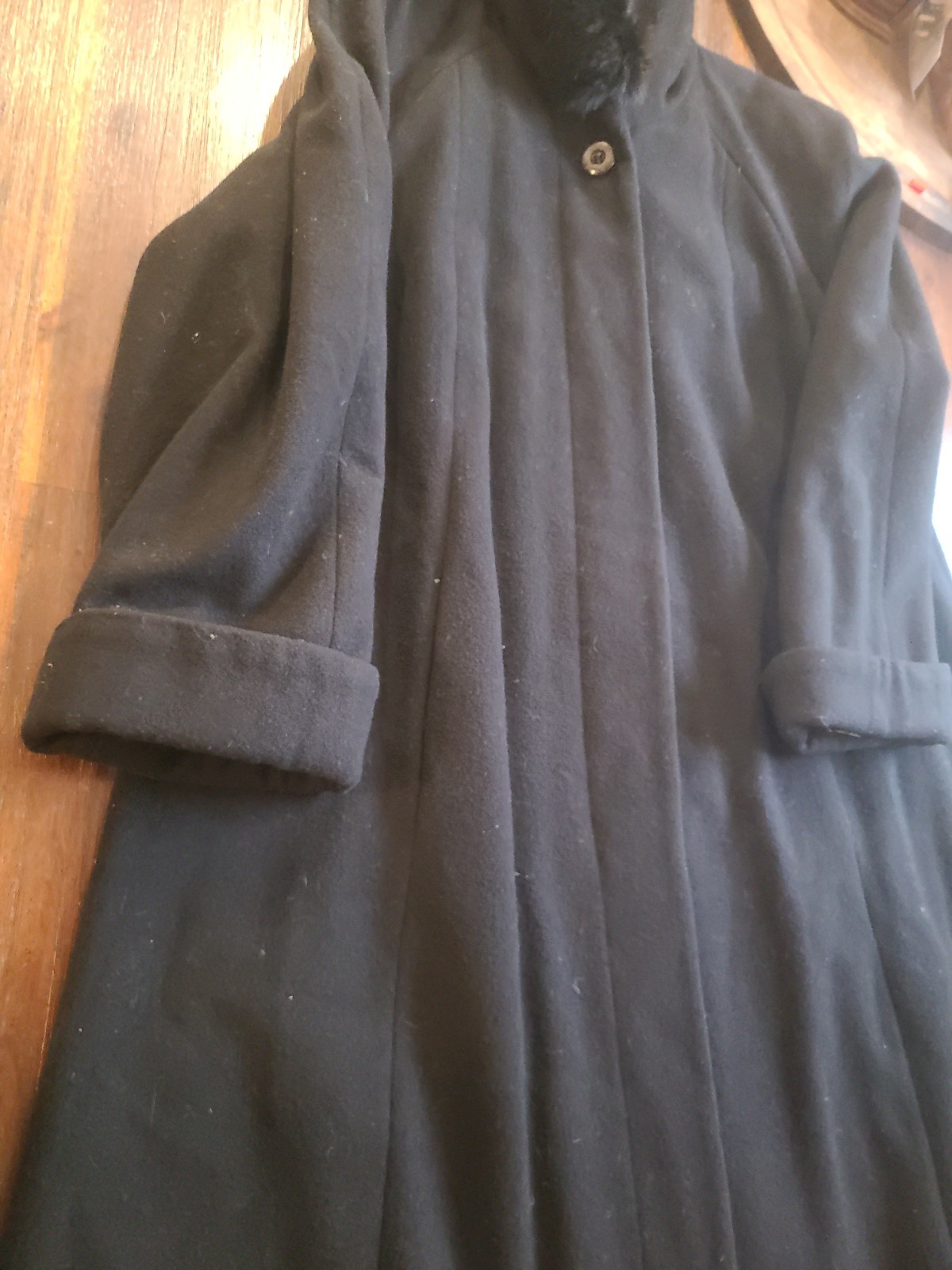 VTG Donnybrook 100% Wool Black Maxi Coat Womens 16 Hood Real Fur Opera Church