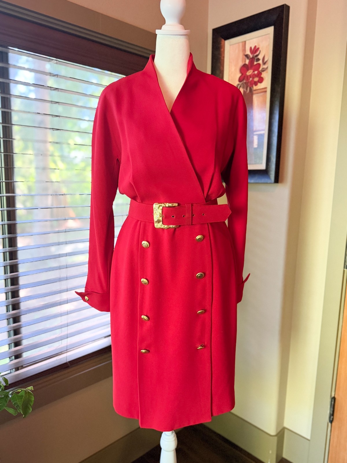 Vtg 80s Premier Dresses Red Trench Style Midi Dress Gold Buttons Belt 2P XS